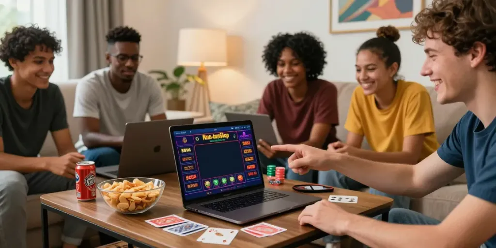 Friends enjoying online gaming at home with casinos not on gamstop visible on the laptop screen.