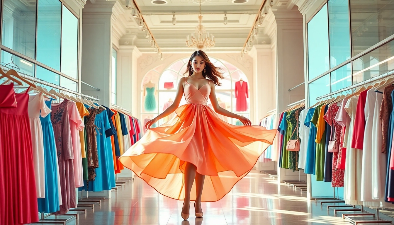 Fashionable woman showcasing trendy women fashion attire in a stylish boutique setting.