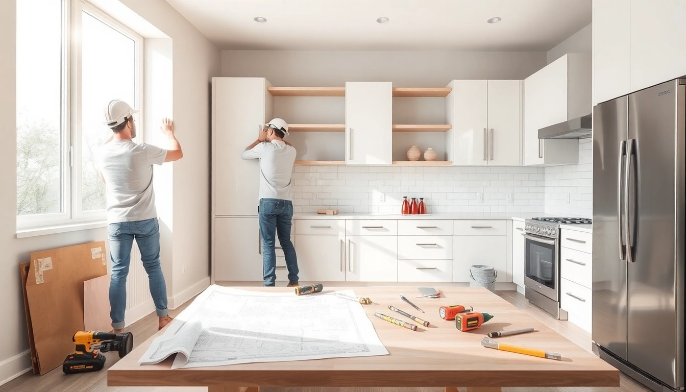 Skilled remodeling contractors collaborating on a modern kitchen renovation project.