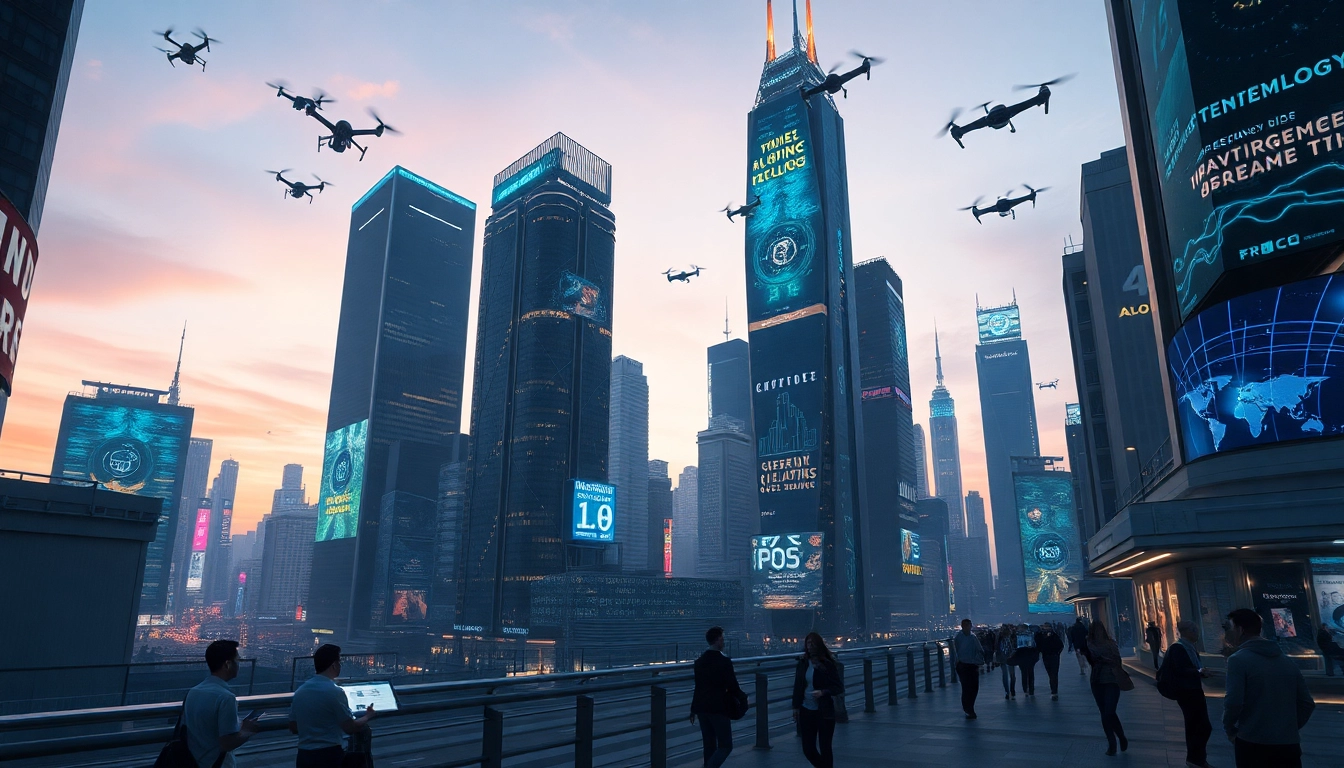 Showcase an innovative skyline representing New Technology advancements in urban living.
