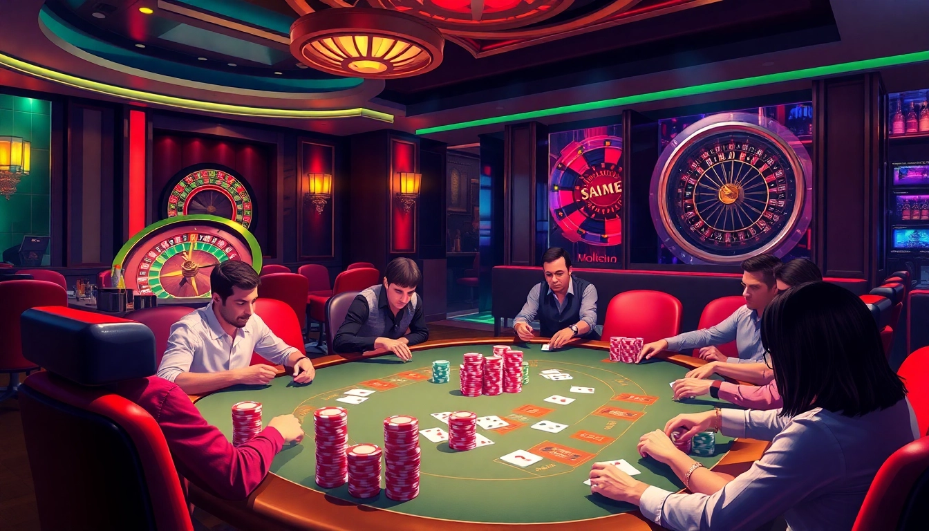 A thrilling atmosphere of game bài đổi thưởng in a luxurious casino poker room, showcasing vibrant poker chips and eager players.