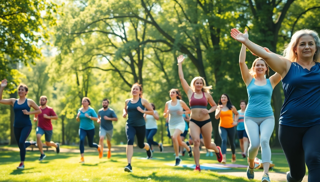 Dynamic outdoor workout for weight loss featuring diverse individuals exercising together.