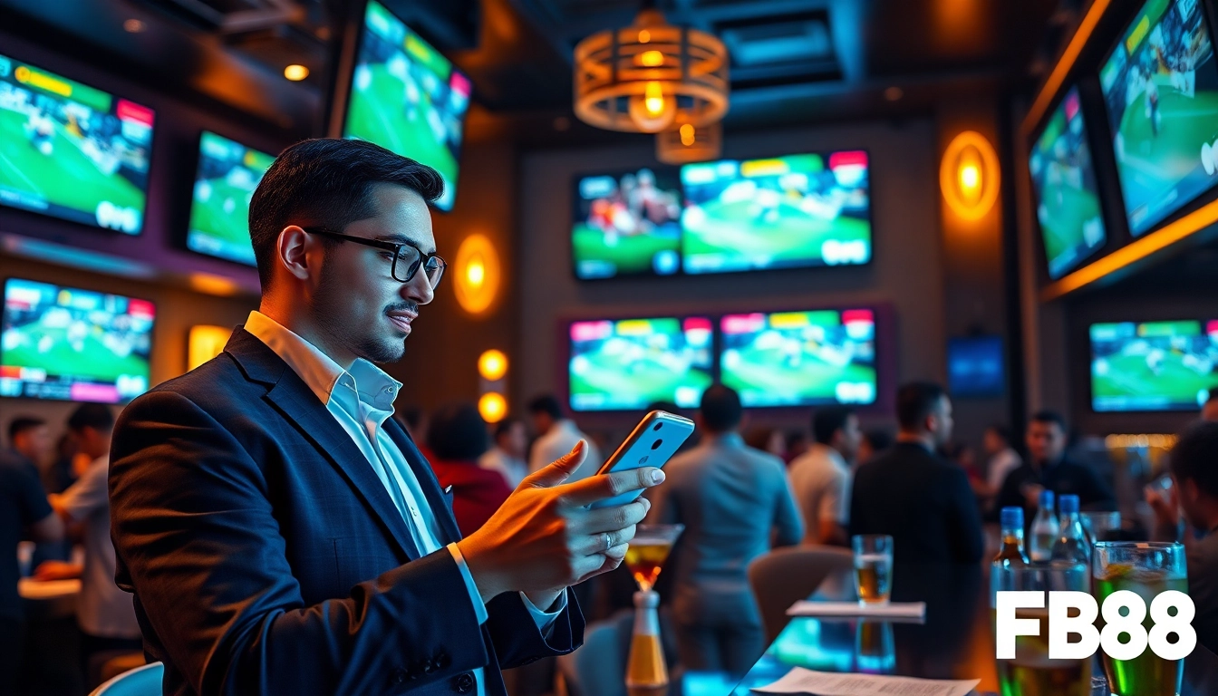 Experience the excitement of sports betting with FB88 in a modern sports bar atmosphere.