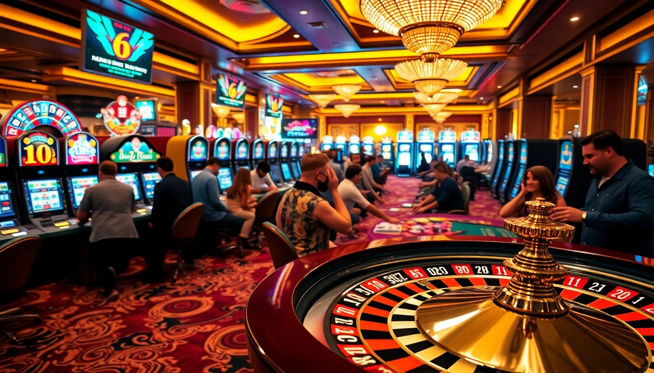 Experience the excitement of betting at 69VN with a lively casino floor showcasing roulette, slots, and enthusiastic players.