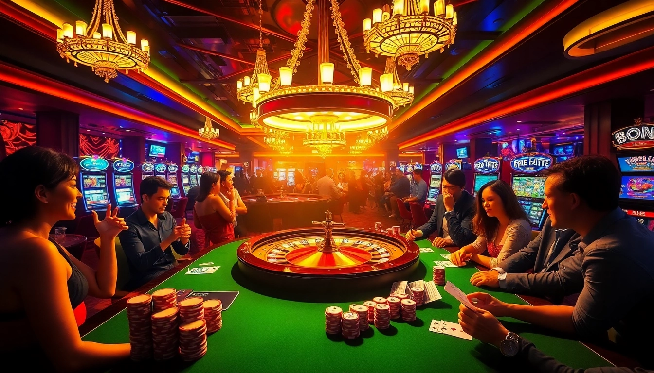 Experience the electrifying atmosphere of gambling at https://nhacaiuytin.place/, where players engage intensely around a stunning roulette table amidst dazzling lights.