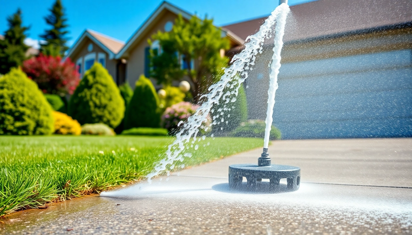 Jet washing a driveway, showcasing a powerful spray of water removing dirt and grime.