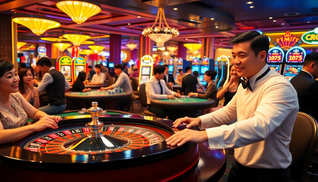 Experience the excitement of casino gaming with crush onai as players bet at vibrant roulette tables and slot machines.