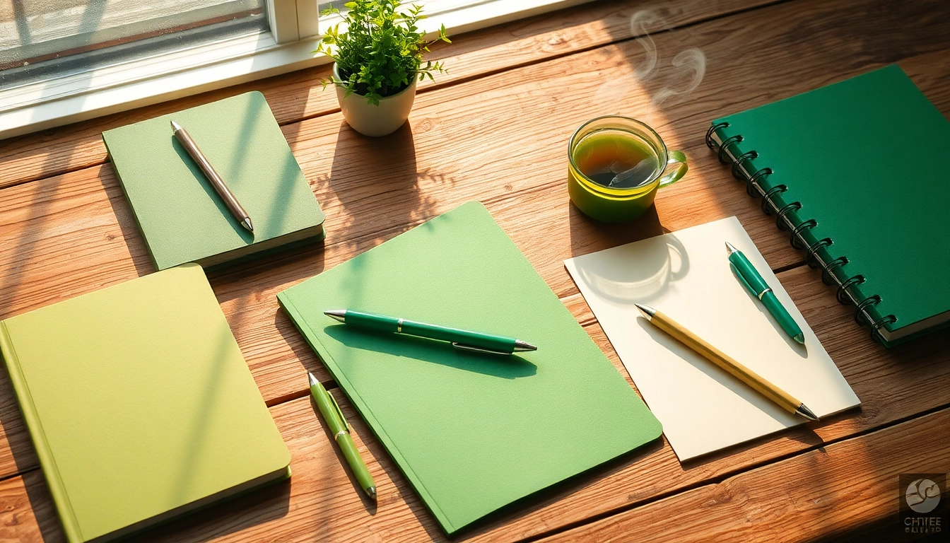 Explore a collection of green stationery items beautifully arranged on a rustic wooden desk.