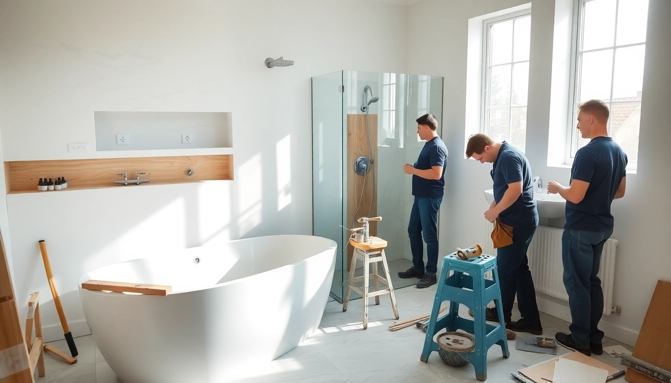 Professional Bathroom Fitters installing a modern tub and shower in a spacious bathroom.