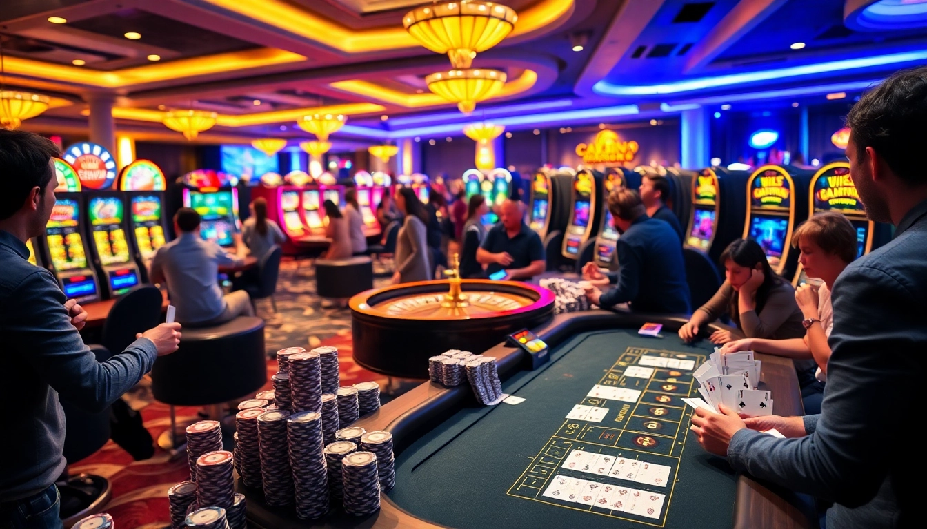 Utländska casino med zimpler features vibrant players enjoying poker and roulette.