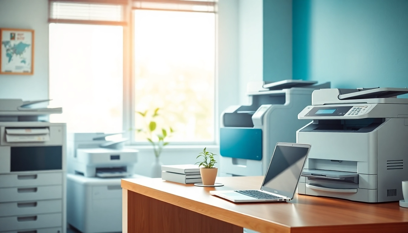 Showcase dynamic office machines enhancing productivity in a modern workspace.