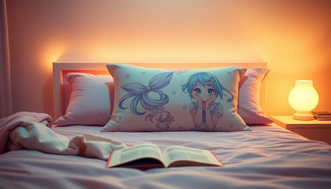 Showcase a beautifully designed dakimakura pillow resting on a neatly styled bed, exuding warmth and comfort.