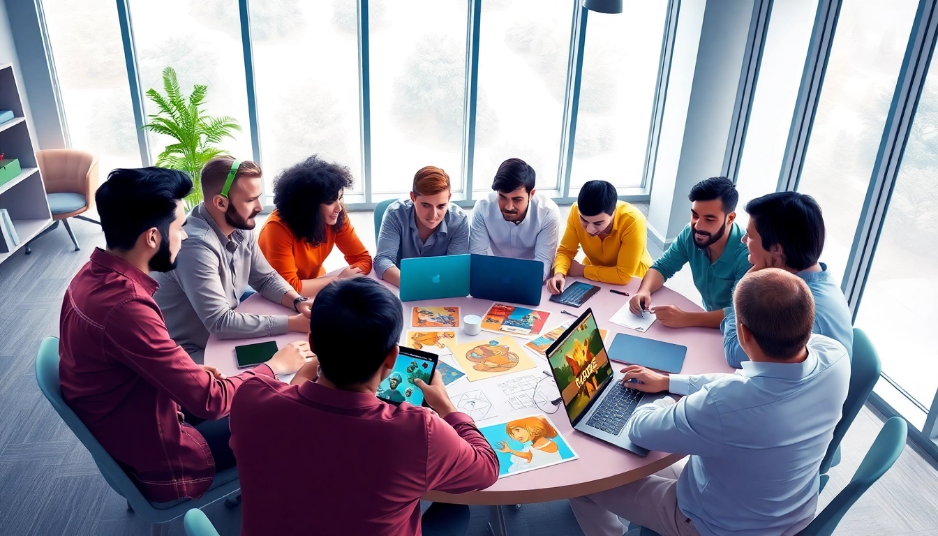 Diverse team collaborating in game development brainstorming session, showcasing creativity and teamwork.