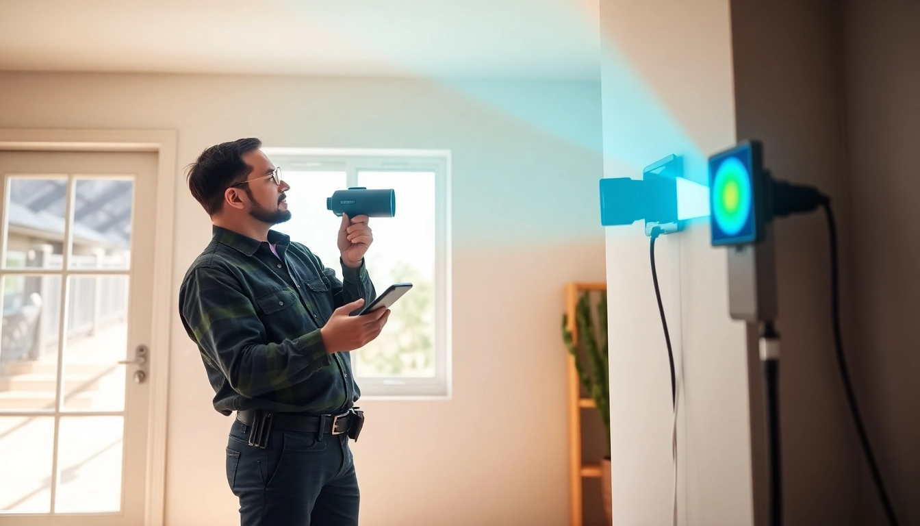 Technician using advanced technology for leak detection with Trace and Access methods in a modern home.