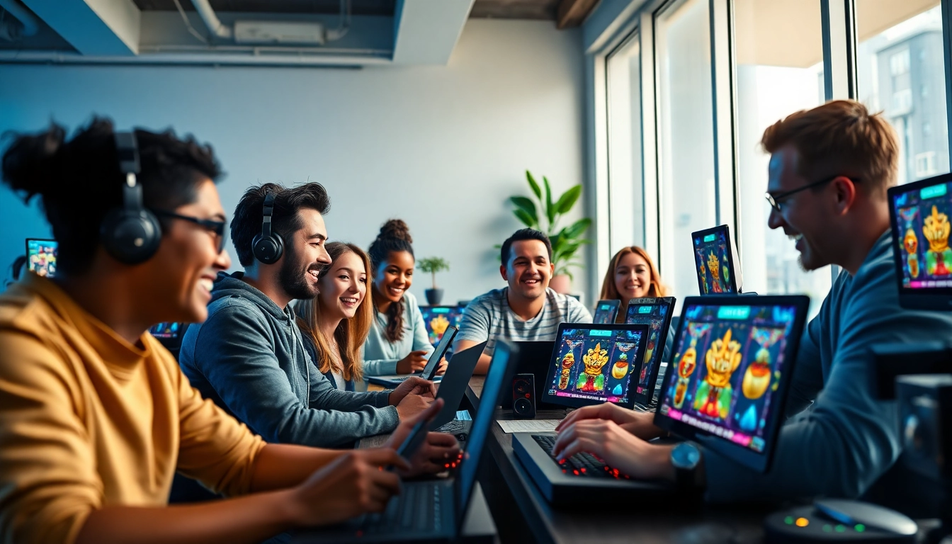 Engaged players enjoying Kode4d slot games in a modern gaming setup, showcasing excitement and community.