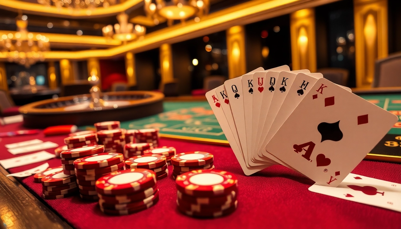 KJC.Marketing enhances poker excitement with vibrant chips and cards in a luxurious casino.