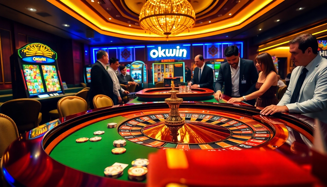 Okwin players enjoying a thrilling roulette game in an upscale casino environment.