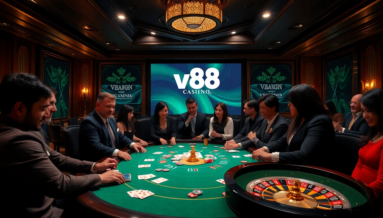 Gamblers enjoy a thrilling poker game at a stylish vn88 casino table, filled with chips and cards.