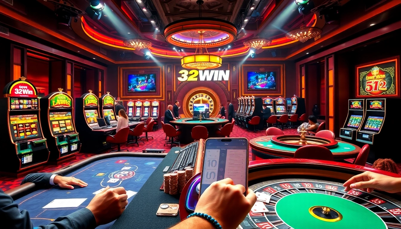 Experience the thrilling casino atmosphere at 32WIN with players at poker and blackjack tables.