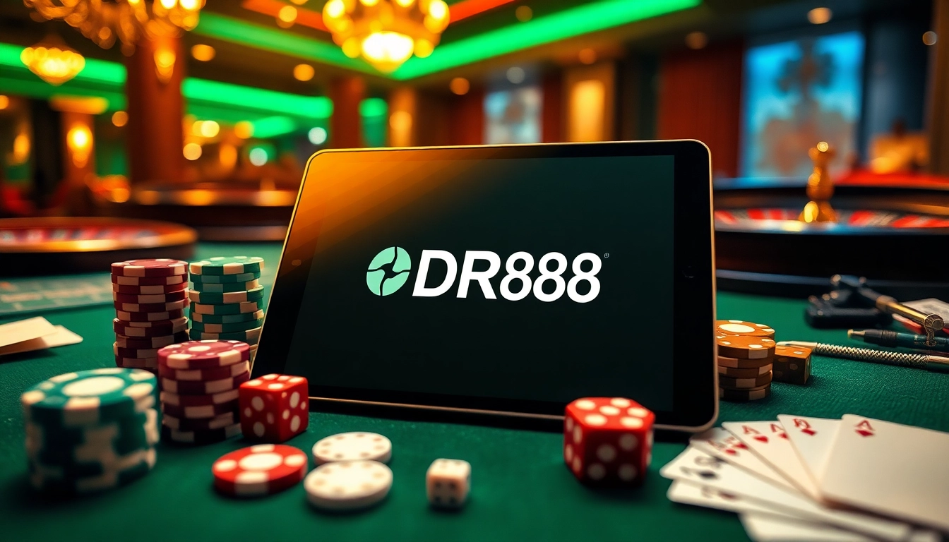 Engaging scene of online gambling with DR88 branding, showcasing poker chips, cards, and a roulette wheel.