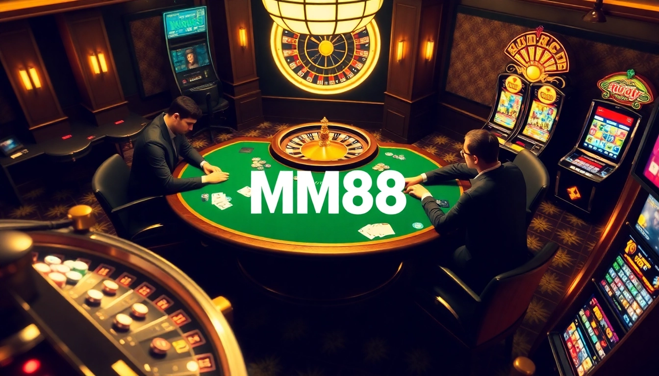 Players engaged in an exhilarating game at MM88's luxurious casino table, featuring vibrant poker chips.