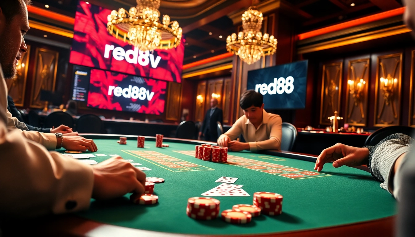 A poker game in a luxurious casino setting featuring red88 tv branding and vibrant chips.