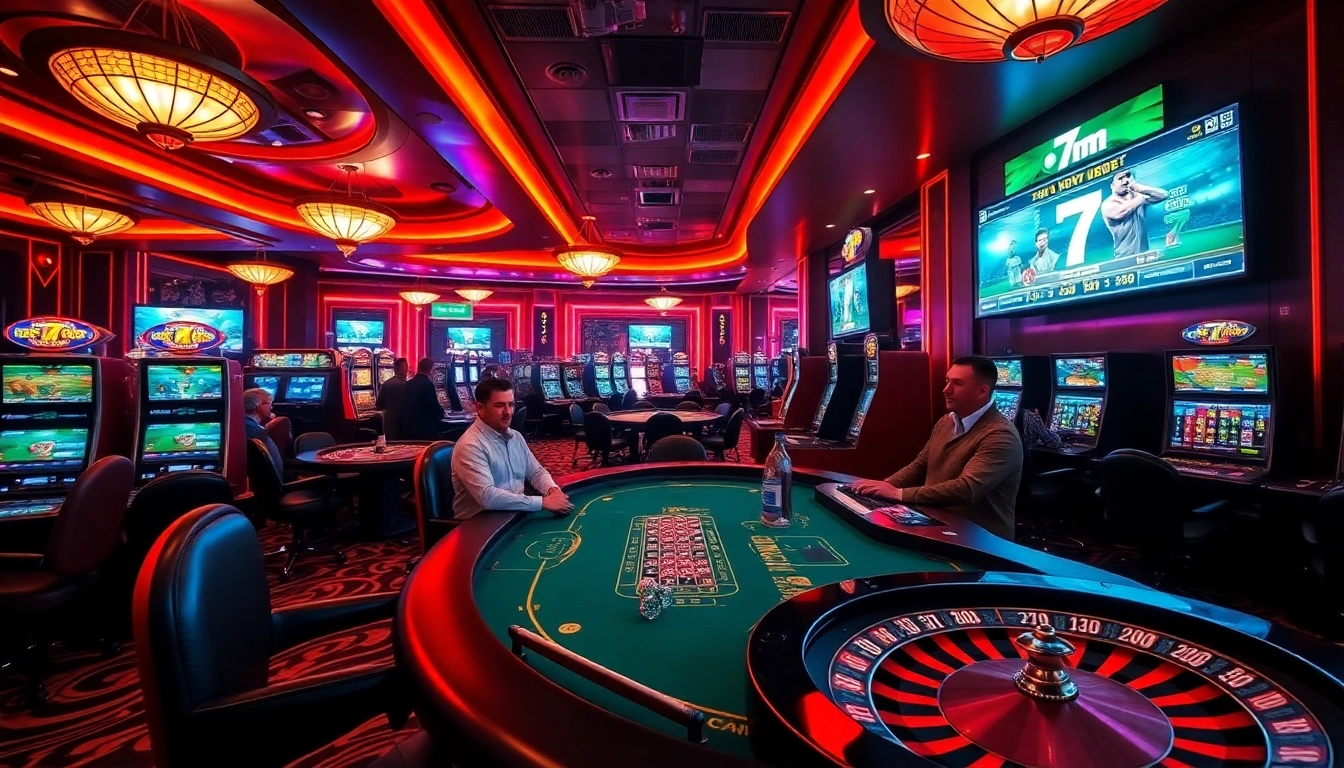 Engage in thrilling gameplay at a luxurious 7m casino, featuring tables, slots, and live betting displays.