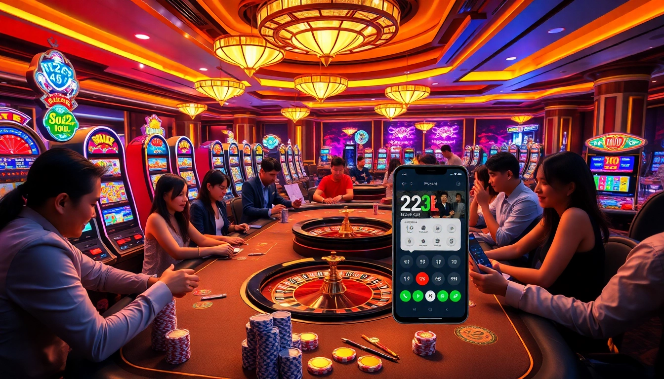 Players enjoying games at a casino table with the 22JL app showcased for modern gambling.