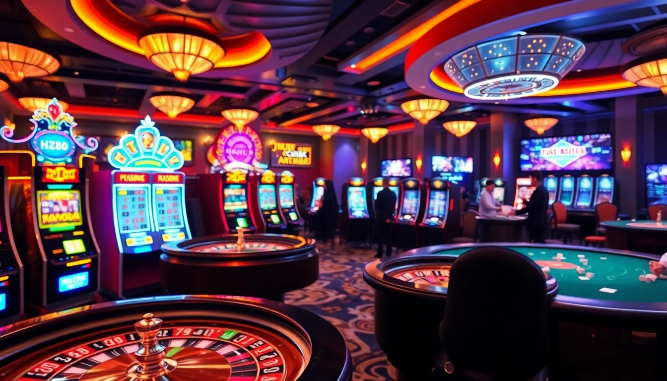Exciting gambling scene at nhà cái hz88 showcasing vibrant slot machines and poker tables.