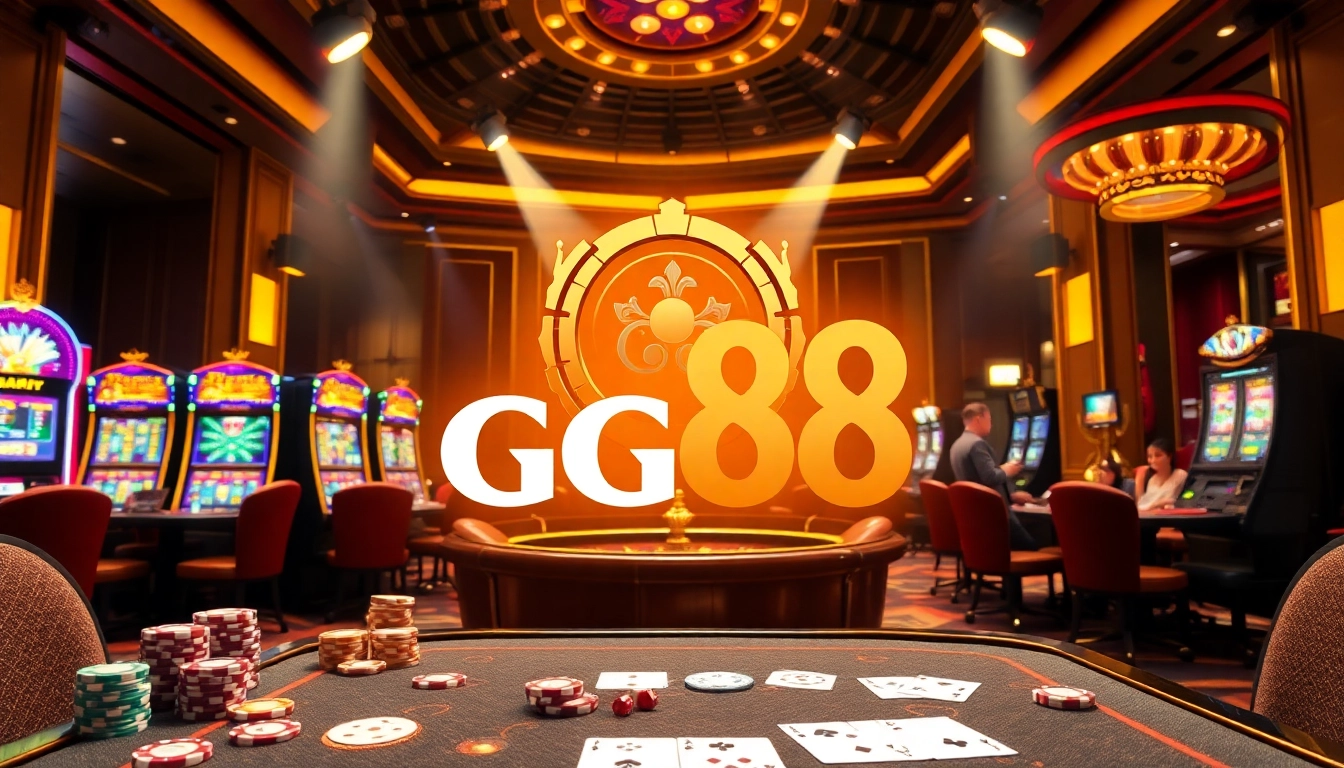 Exciting GG88 casino gaming scene with vibrant slot machines and poker chips.