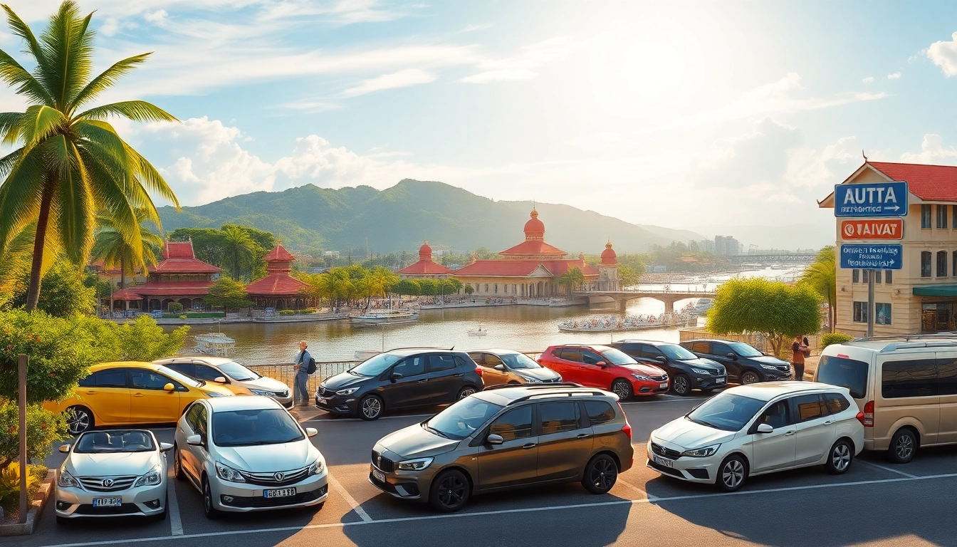 Kuching rent a car options showcased with diverse vehicles in a vibrant tropical setting.