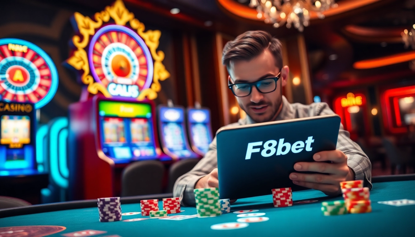 Experience the thrill of F8bet gaming amidst a luxurious casino atmosphere filled with excitement.