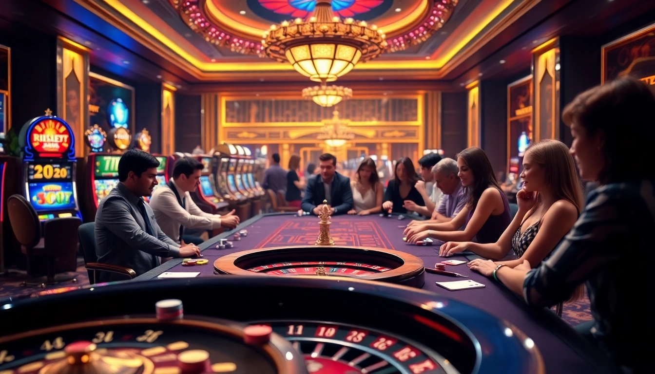 Players enjoying diverse games at Rikvip's luxurious casino table with vibrant poker chips.