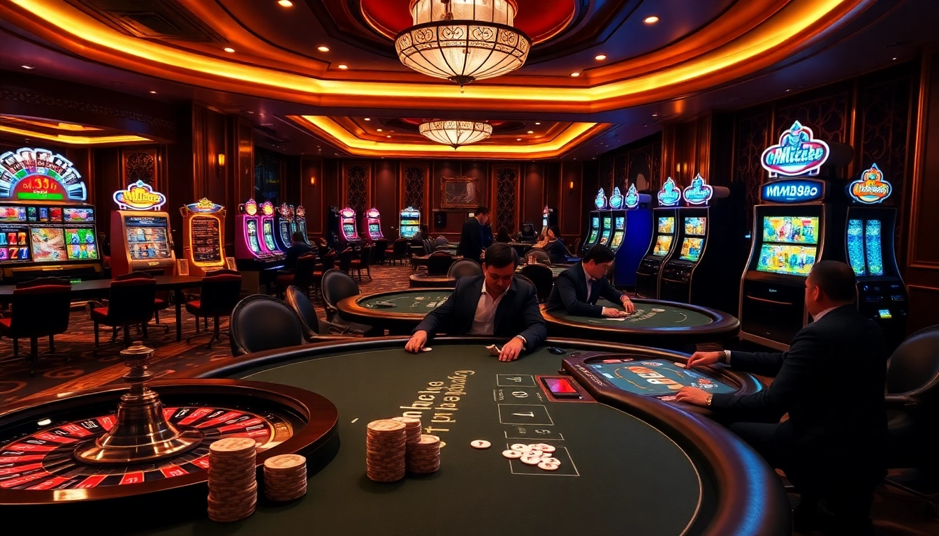 Experience thrilling gameplay at https://mm88.forex/ with luxury casino elements like poker tables and roulette wheels.
