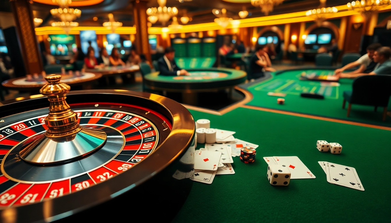 Experience thrilling gaming action at https://nhandinhkeonhacai.news/ with poker chips and roulette wheel in a luxurious casino scene.