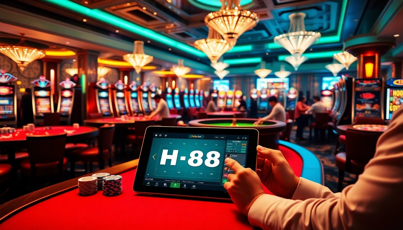 Exciting gaming experience at Hi88 casino with poker tables and vibrant slot machines.