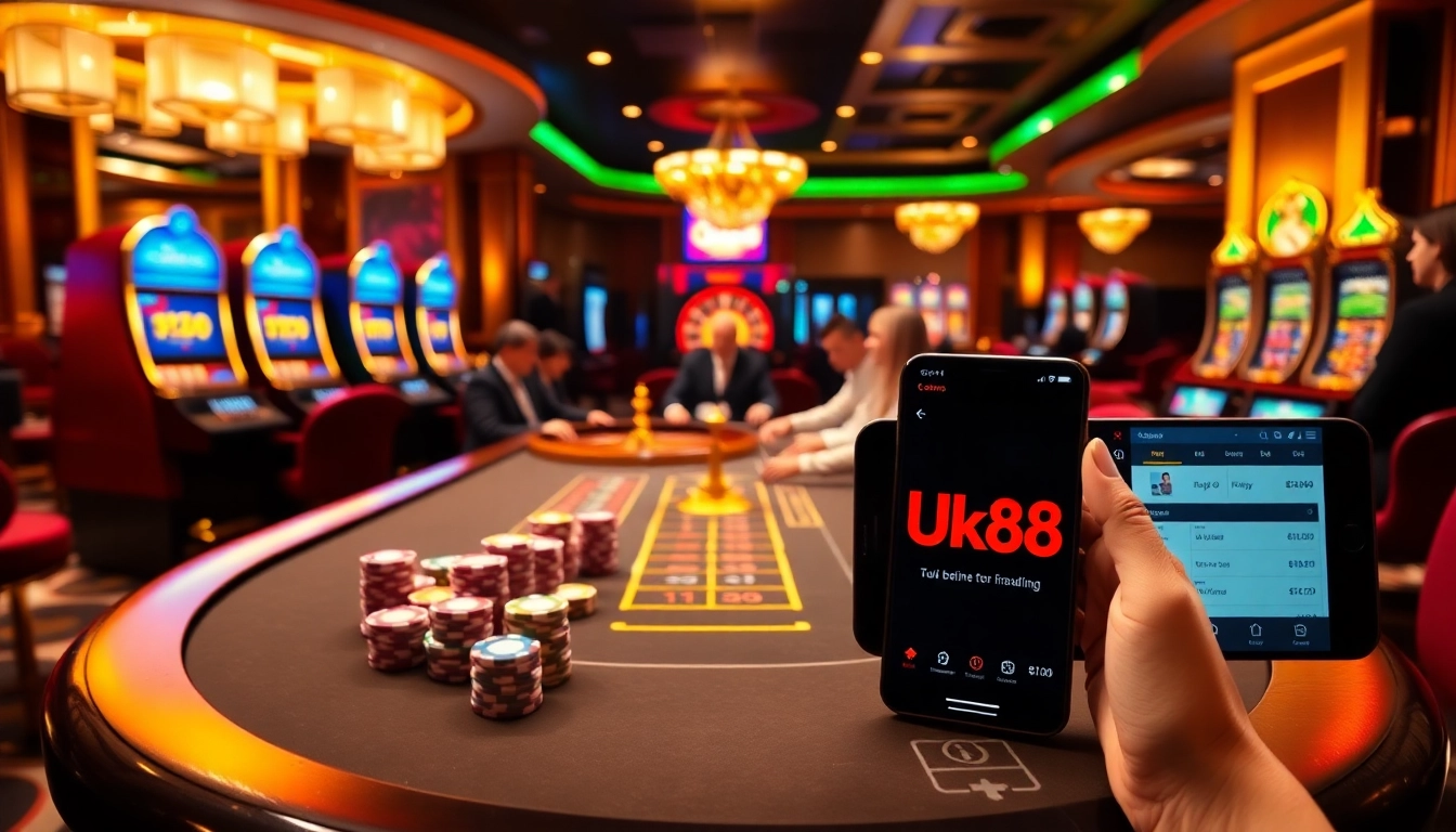 Action-packed scene of professional gamblers at a poker table with Uk88 betting interface visible.