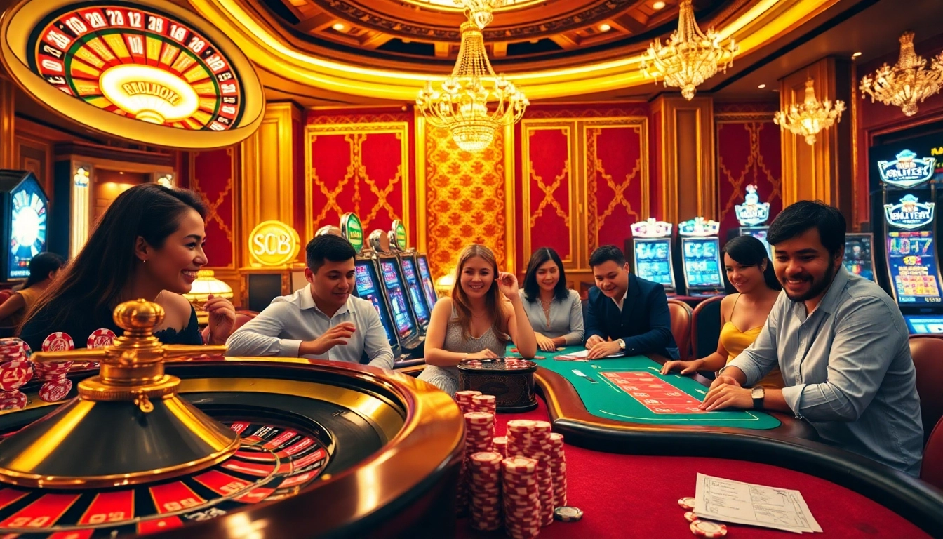 Players enjoying the thrilling SC88 bet experience at a luxurious casino with roulette and poker tables.