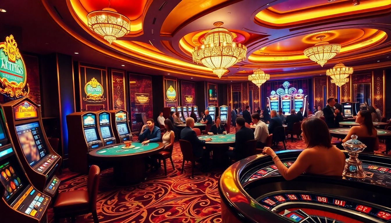 A vibrant upscale casino scene featuring 7C77 gaming tables with players engaging in thrilling card games and slot machines.