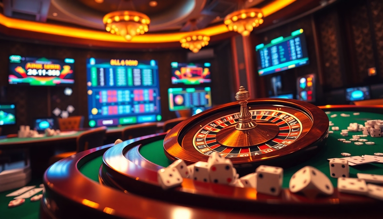 The vibrant gambling atmosphere at https://789betai.online/ featuring roulette, chips, and live betting screens.