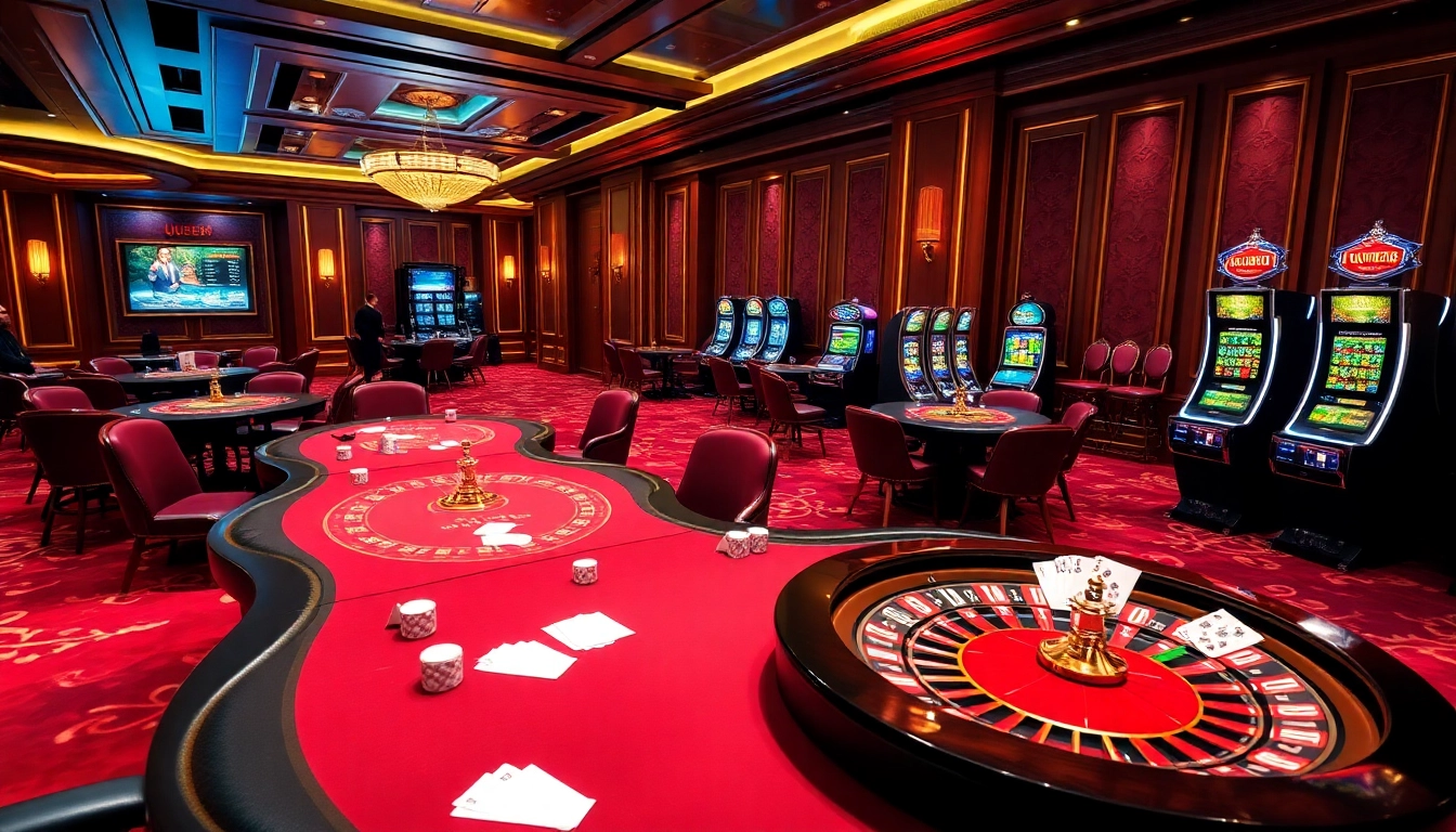 U888 casino scene with professional players at poker tables and a vibrant roulette wheel.