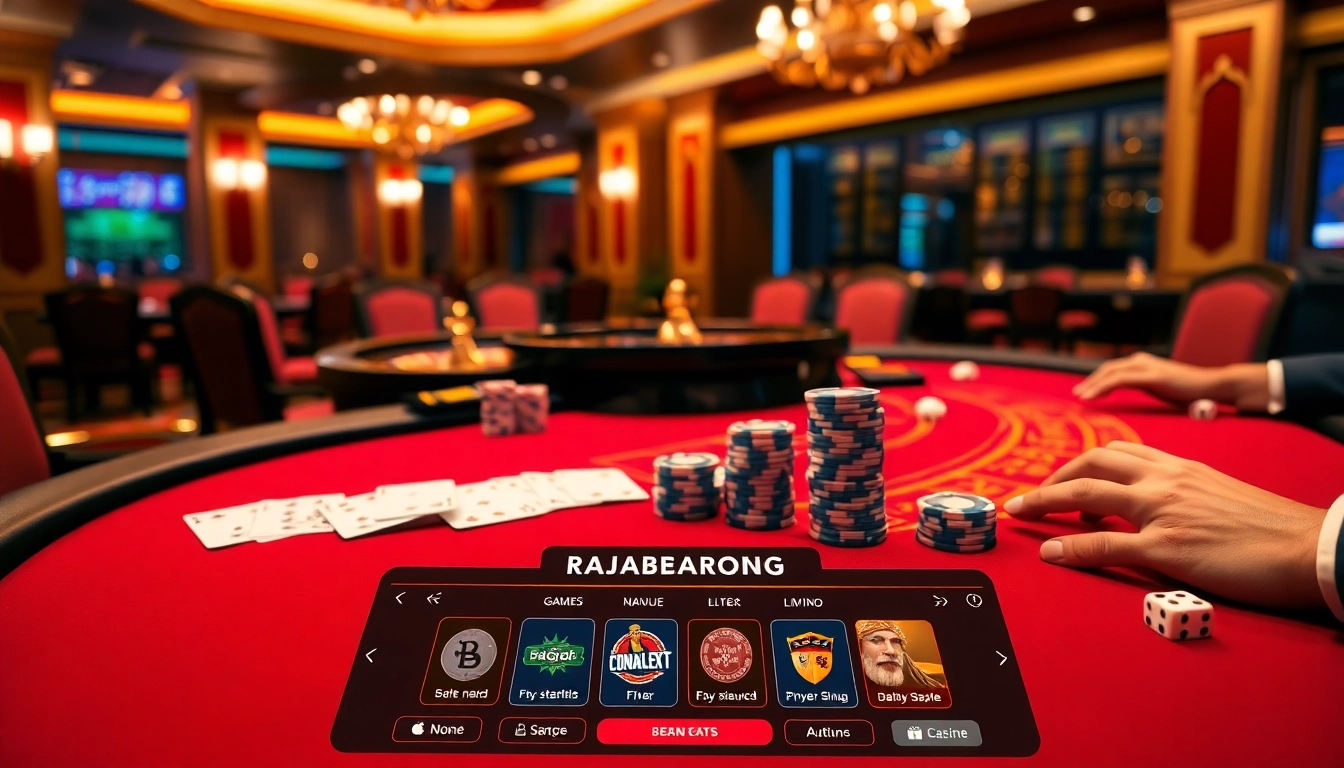 RAJABARONG offering thrilling poker action with high-stakes chips and illuminated roulette wheel.