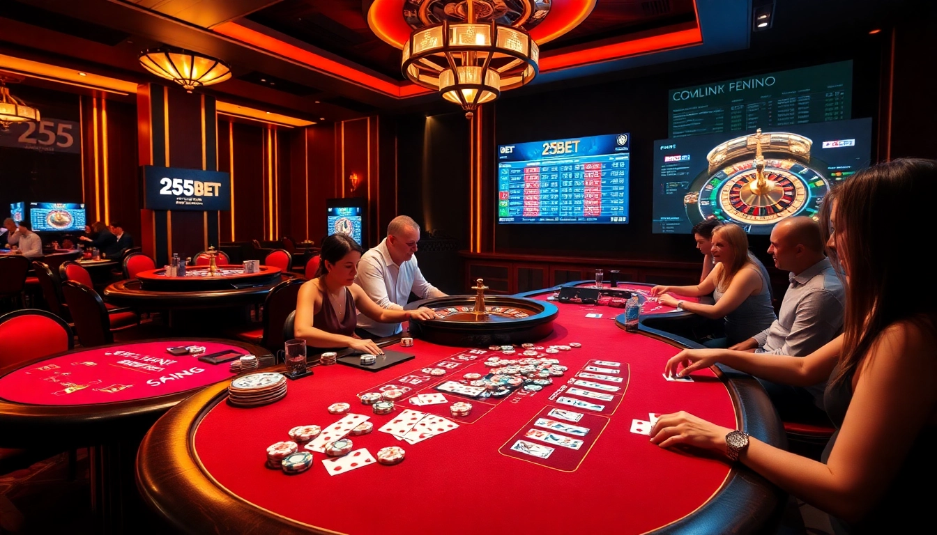 High-stakes gaming action at 255BET, featuring poker chips, cards, and a roulette wheel.