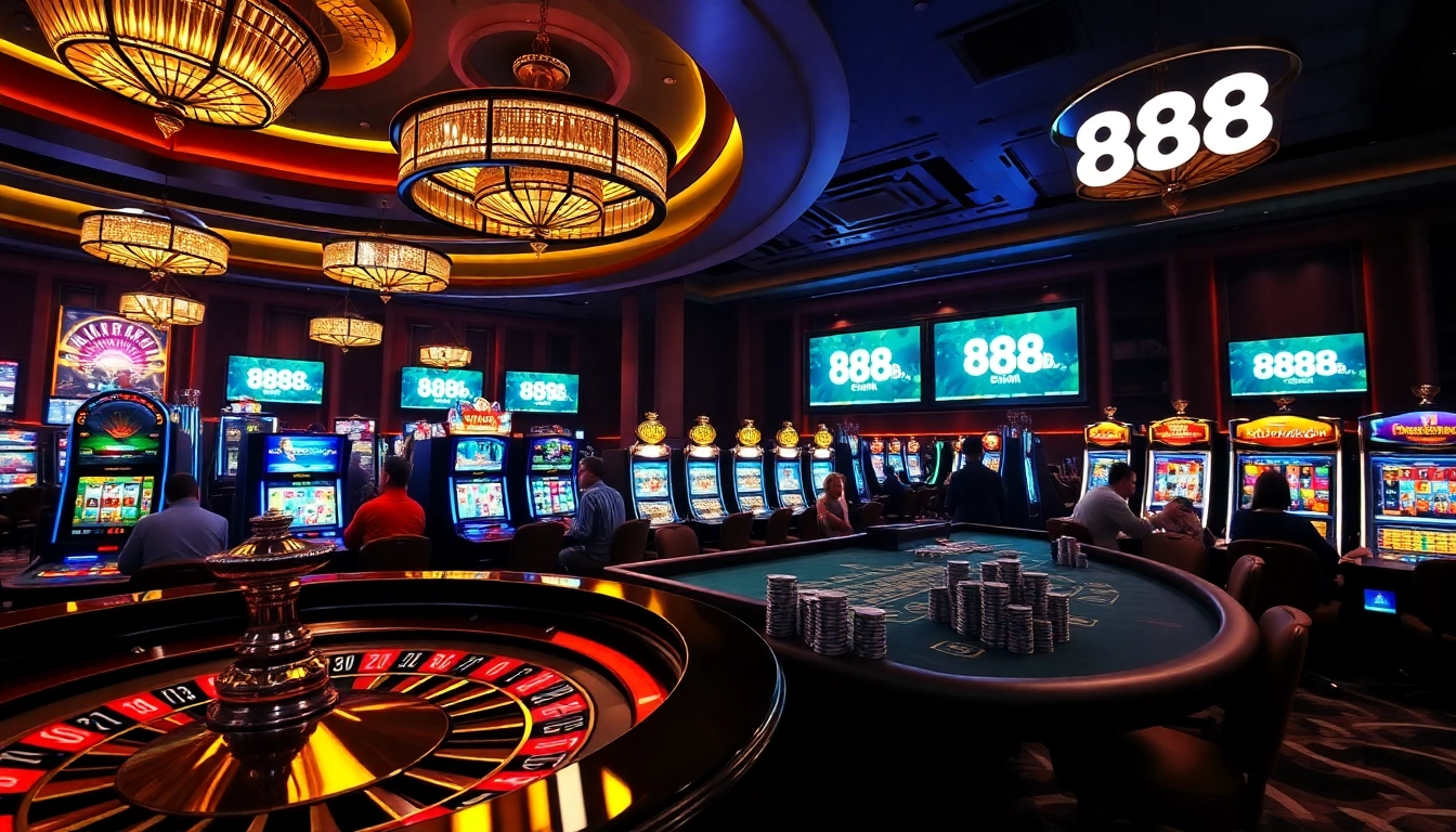 Experience thrilling online gaming with 888b km, featuring vibrant casino tables and poker chips.