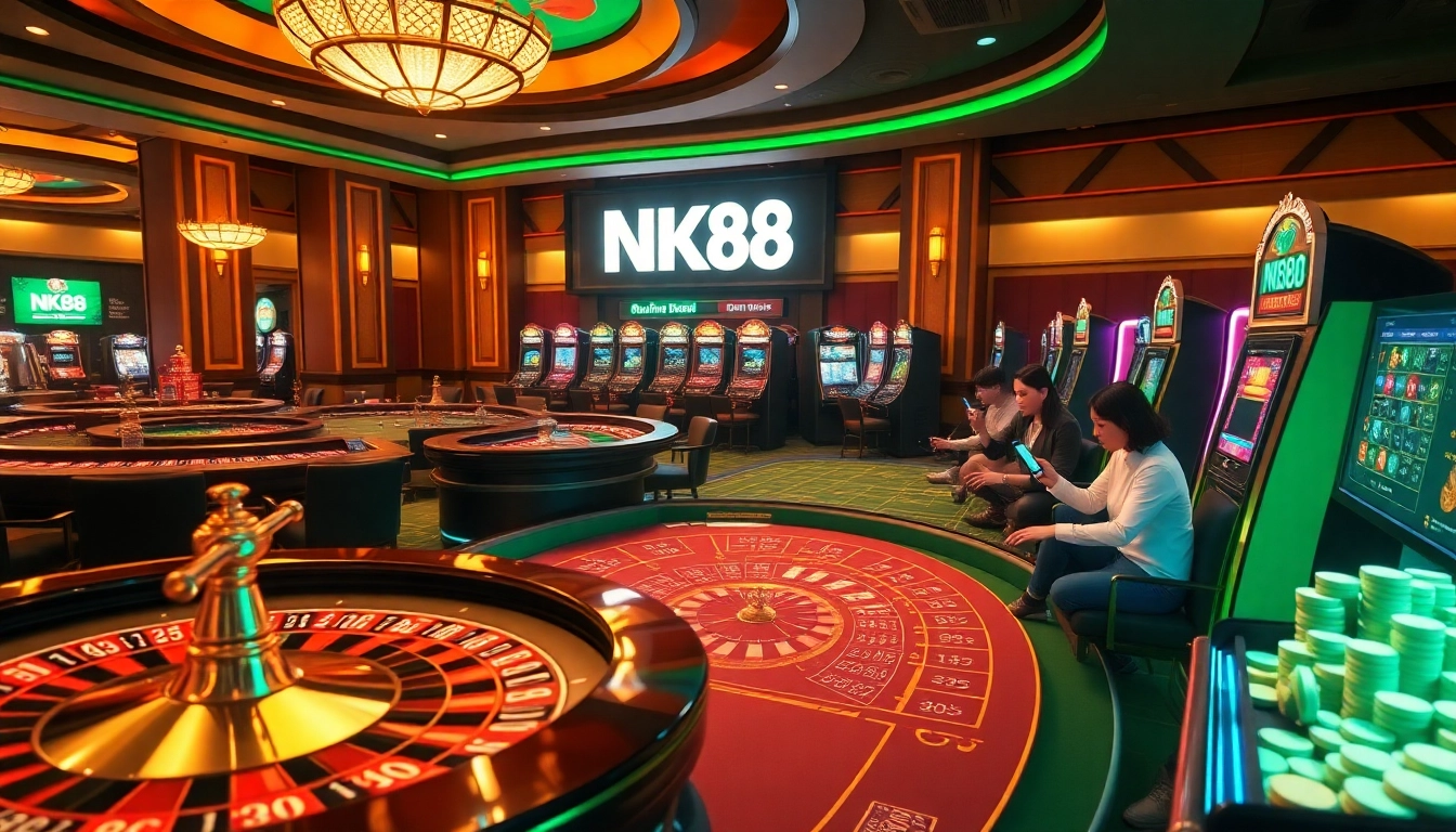 NK88 players enjoying a vibrant casino experience with roulette wheels and slot machines.
