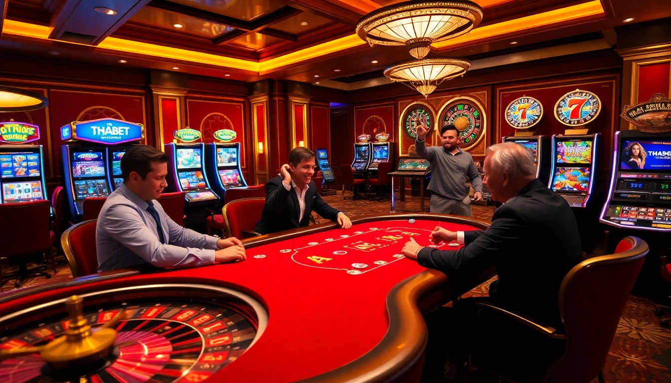 Experience the excitement of THABET at a luxurious casino table filled with poker chips and players.