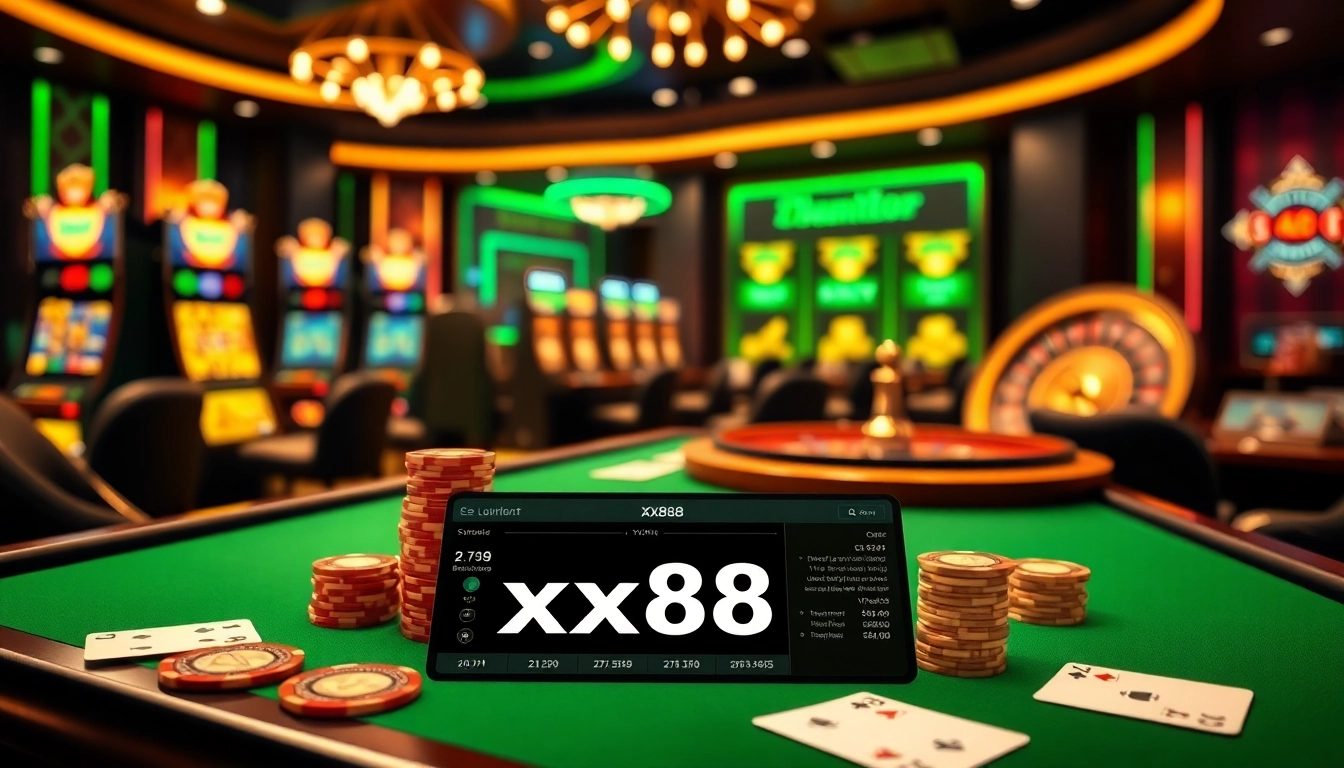 Engage with top-tier gambling action at xx88 with vibrant tables, chips, cards, and a spinning roulette wheel.