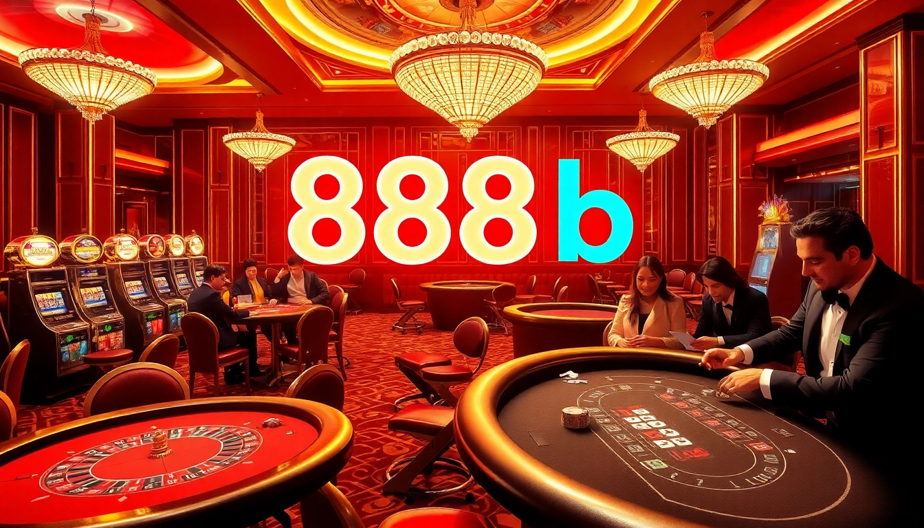 Players enjoying a thrilling game at the 888b casino, with poker chips and vibrant slot machines.