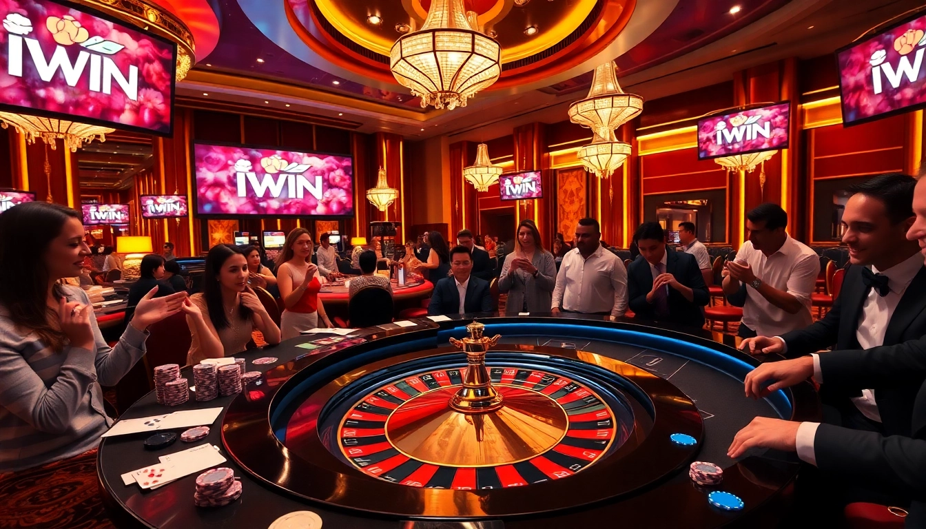 IWIN casino scene featuring an elegant roulette table and excited players.