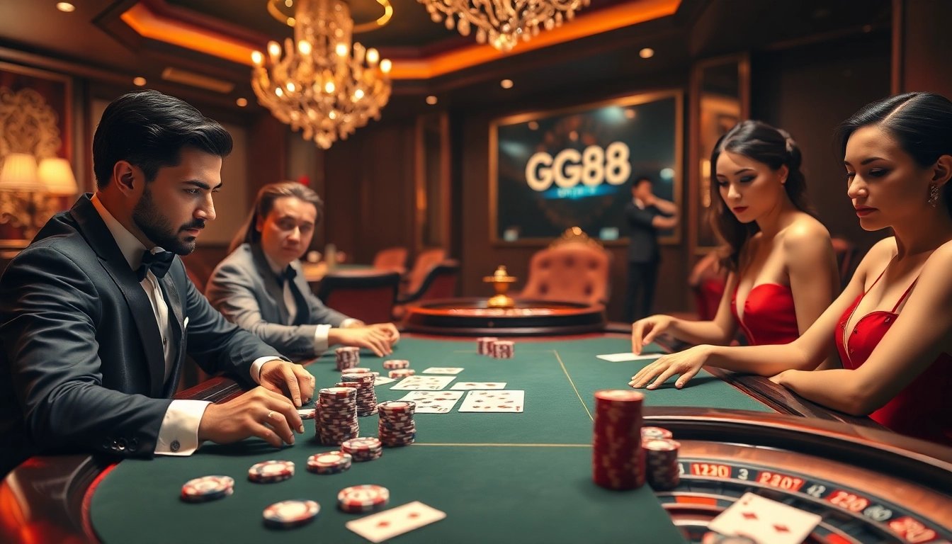 Experience high-stakes action at GG88's elegant poker table with vibrant casino visuals.